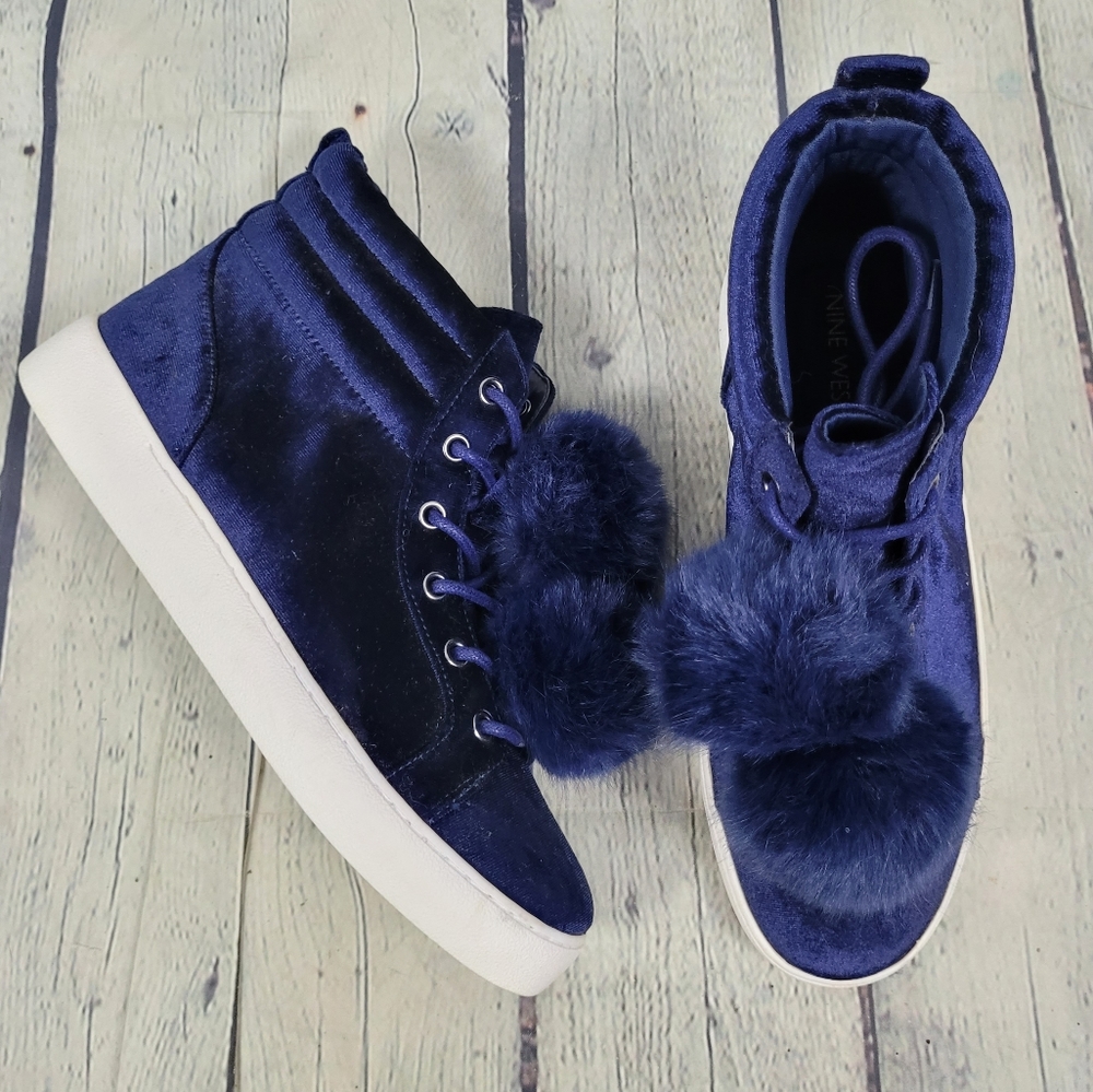 NINE WEST | pompom laceup high top velvet sneakers